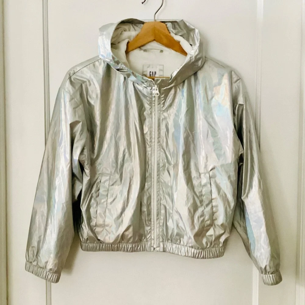 GAP girls silver windbreaker jacket Size L 10-11 Holographic hooded lightweight - Picture 12 of 12